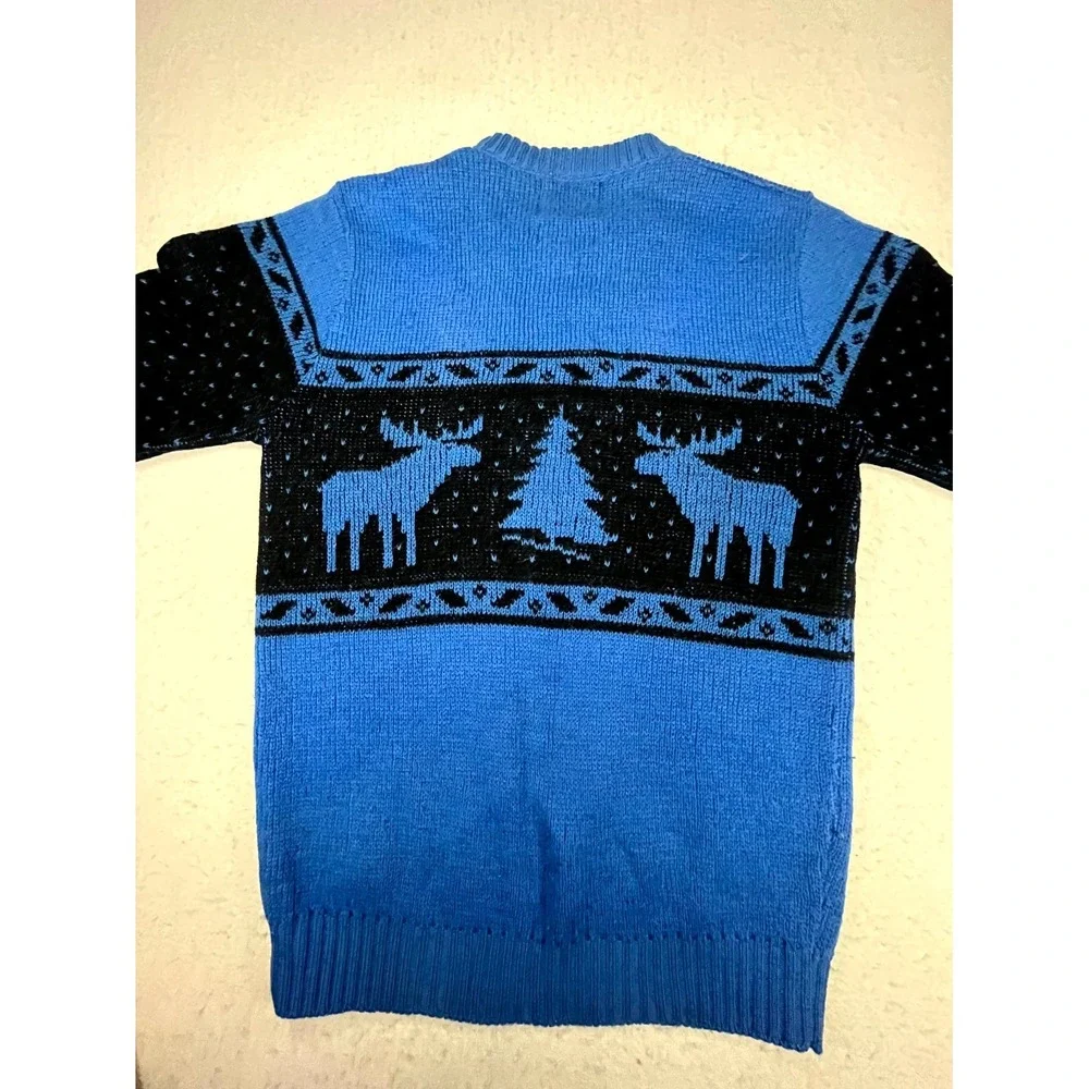 Vintage 80s ALPS Sweater Mens Medium Blue Black Wool Moose Reindeer Ski Nordic